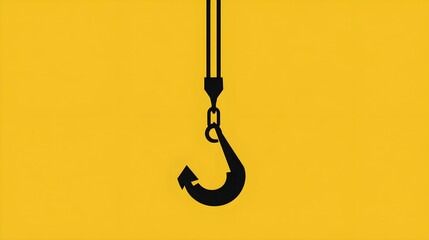 A black icon on a yellow background depicts a lifting hook with a rope, symbolizing the capability to lift large loads. This industrial steel hook represents a tower crane