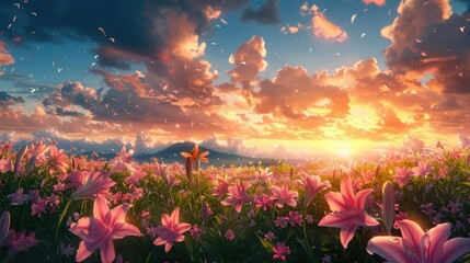 Fototapeta premium Pink Lilies Bloom in a Field at Sunset
