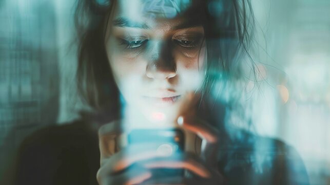 Young woman absorbed in her smartphone during the evening in an urban setting