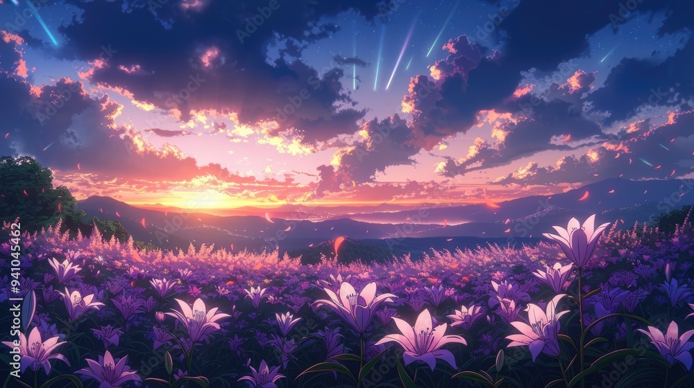 Wall mural an anime-style sunset with lily flowers in a field