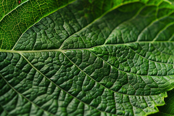 Leafy surface close up macro showcases rich green hues and detailed vein patterns