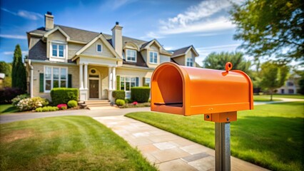 Orange mailbox in front of large house, symbolizing communication and home ownership