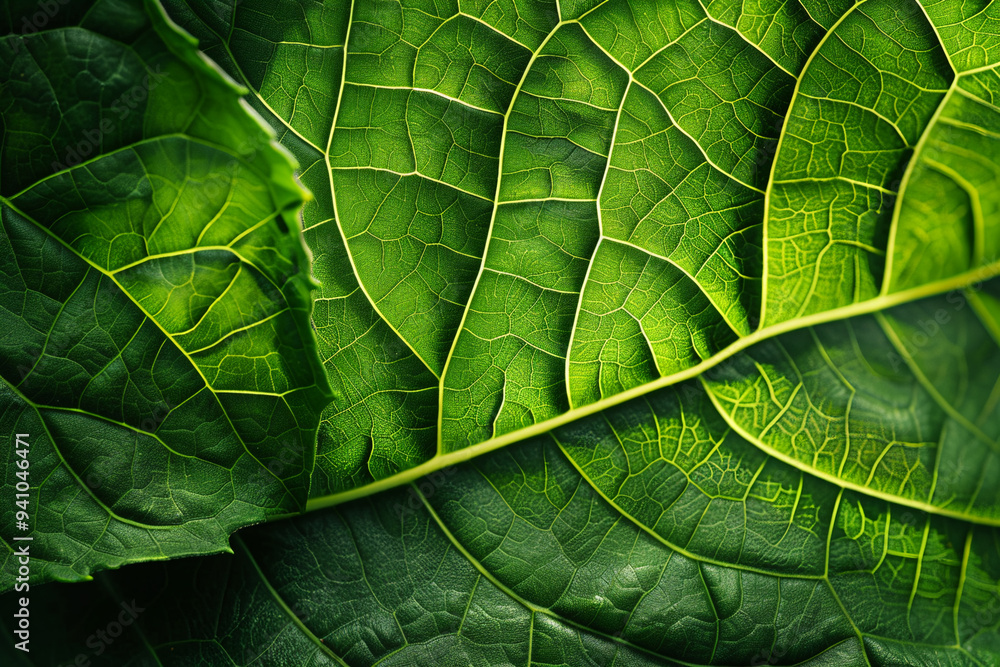 Wall mural vibrant green leaves close up macro shot display intricate veins and textures under bright sunlight