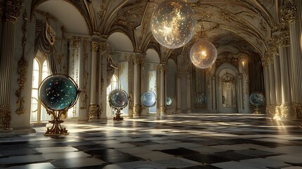 Interior of an ethereal royal palace featuring celestial globes and shimmering gemstones