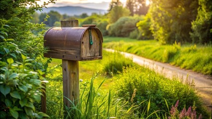 Rustic mailbox on wooden post surrounded by lush green grass and bushes