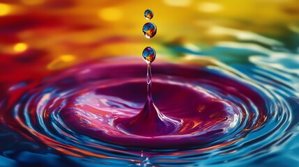 Water drops falling on a surface, creating ripples in vibrant colors.