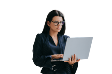 Focused businesswoman in suit holds laptop works at home against transparent background. Home office, remote job. Ceo reading mail. Female architect planning new project. Successful women.