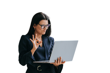 Professional woman giving OK sign during a video call on laptop against transparent background