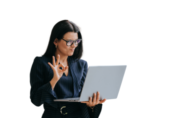 Professional woman giving OK sign during a video call on laptop against transparent background