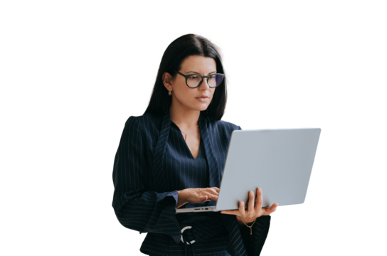 Focused businesswoman in suit holds laptop works at home against transparent background. Home office, remote job. Ceo reading mail. Female architect planning new project. Successful women.