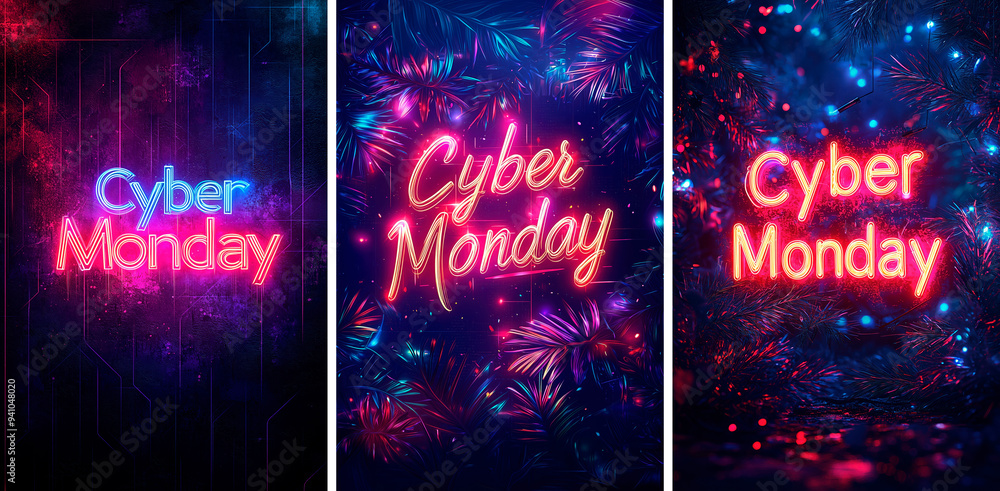 Wall mural Vibrant neon signs for Cyber Monday, website advertising, sale advertise, blog banner