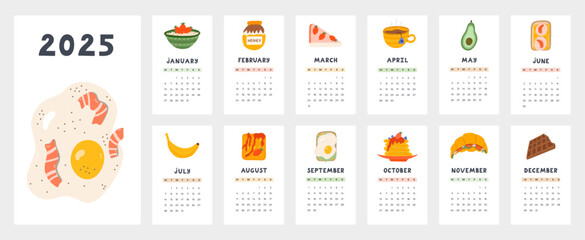 Cute calendar template for 2025 year with cartoon illustrations of food for breakfast. Calendar grid with weeks starts on Monday for nursery or office. Horizontal monthly calender layout for planning.