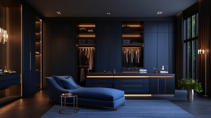 Modern interior showcasing elegant blue tones, sleek furnishings, and stylish lighting in a spacious living area.