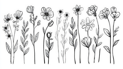Trendy set of black silhouettes of flowers on a white background, made with ink, rough brushstrokes. Generative AI