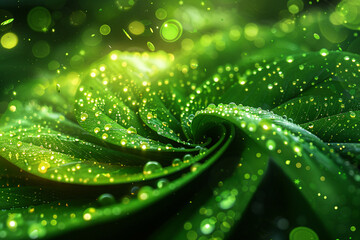 Dewdrops shimmer on vibrant green leaves in natural setting. Natural background