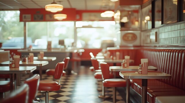 Retro Diner Interior Red Booths Checkered Floor