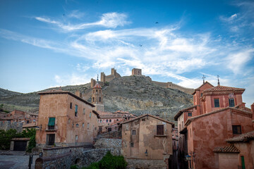 Panoramic view of Albarrac&iacute;n, Teruel, Aragon, Spain, with the medieval old town and walls on the hill in the background