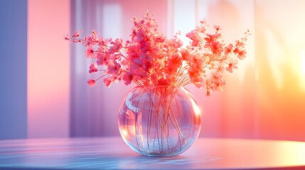 Transparent nanomaterial vase, featuring a holographic bouquet with flowers that rotate and shimmer, set in a futuristic, minimalistic room