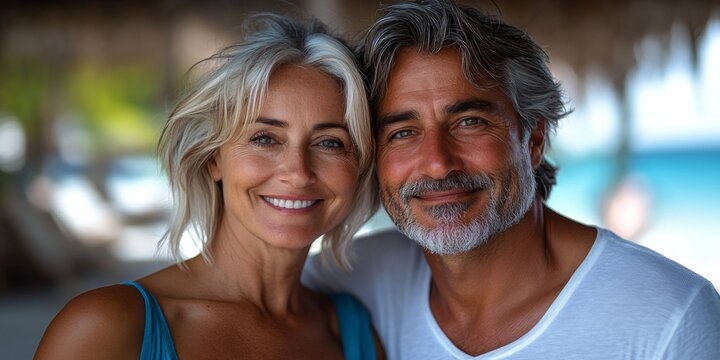 Joyful Senior Couple Beach Selfie, Elegant and Radiant Pair at Palm-Fringed Resort. - Powered by Adobe