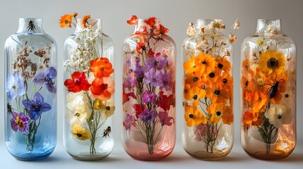 Transparent resin vase encasing vibrant preserved flowers and beetles, highlighting nature's intricate patterns and organic textures in a minimalist design