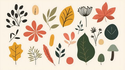 Autumnal Nature Collection: Leaves, Flowers & Mushroom