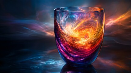 Transparent vase with swirling hues inside, resembling a nebula's core, set against a dark abstract background, glowing softly with mystic light