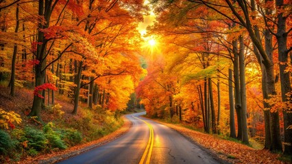 Autumn road bathed in the warm glow of sunset, showcasing vibrant fall colors