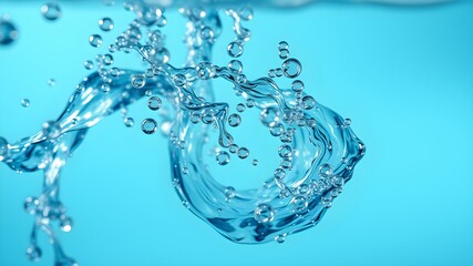 Dynamic close-up of abstract water flow with twisting bubbles in motion, crystalline water reflecting blue light, vibrant and energetic underwater vibe
