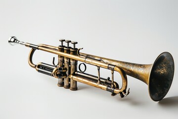 Obraz premium A single brass trumpet sits on a plain white surface, ready for use