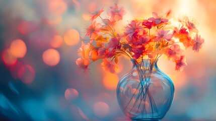 Unshaped vase appearing as a colorful blur, with flowers blossoming out of the amorphous haze, giving an abstract and dreamy visual sensation