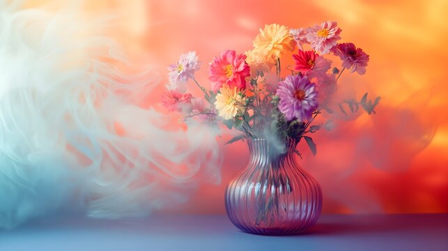 Unshaped vase appearing as a colorful blur, with flowers blossoming out of the amorphous haze, giving an abstract and dreamy visual sensation