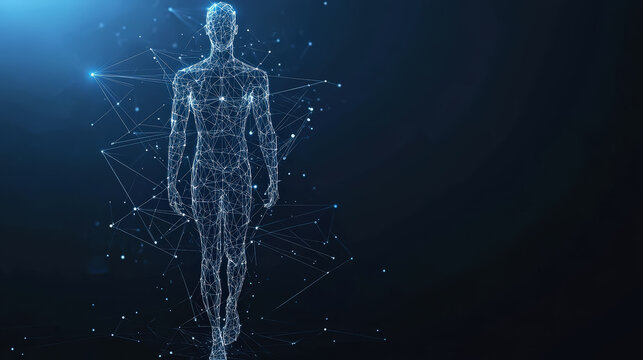 Polygonal futuristic mesh with human body model. Artificial intelligence, connection technology. Generative AI