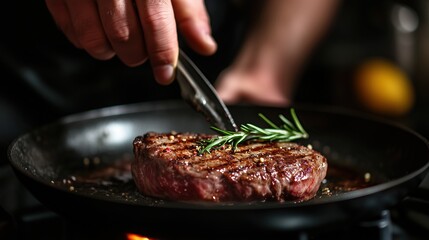 close up of a male hand putting a steak on hot pan