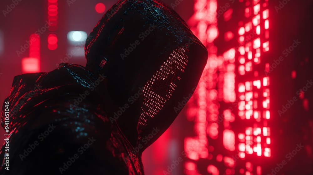Poster hooded figure in cyberpunk red binary code landscape