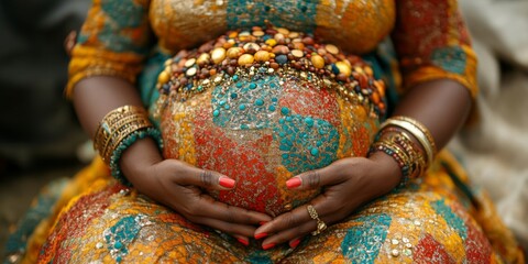 Pregnant woman's hands cradling her belly, elegant dress, serene beauty shot.