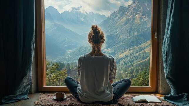A writer taking a break to gaze out the window at a breathtaking mountain vista, finding inspiration in the natural world.