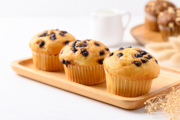 Vanilla chocolate chips muffin on wooden plate with white background