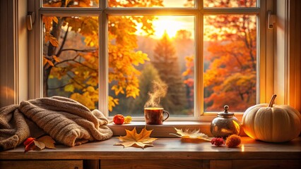 Cozy autumn setting with blanket by window during sunset