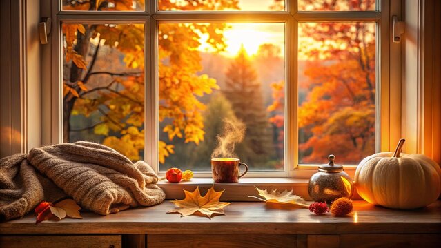 Cozy autumn setting with blanket by window during sunset