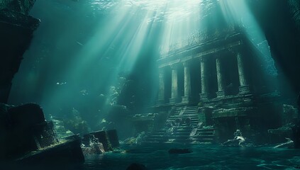 Obraz premium Sunbeams Illuminate Underwater Ruins of Ancient Temple