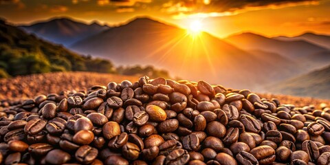 Obraz premium Closeup of coffee beans illuminated by warm sunset light in a mountainous setting