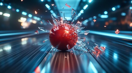 A red sphere smashes through a pane of glass, sending shards flying in a dramatic, high-energy collision.