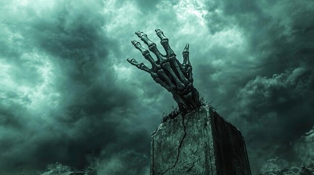 A dramatic image of a skeletal hand emerging from a grave under a stormy sky, evoking themes of decay and the supernatural.