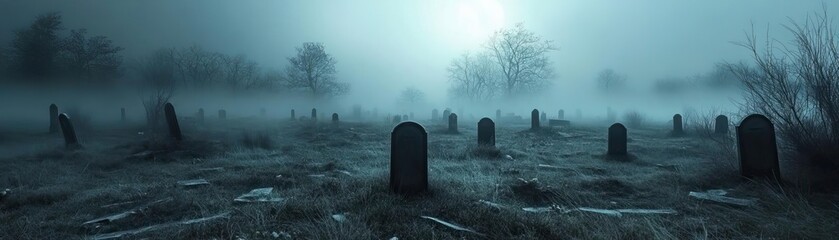 A haunting graveyard scene shrouded in fog, with weathered tombstones and eerie trees under a mysterious moonlight.