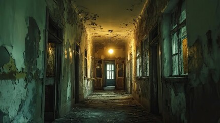 Fototapeta premium A hauntingly dark and abandoned corridor with peeling walls and a dim light at the end, evoking mystery and desolation.