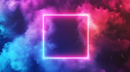 Bright pink neon light glows in a square shape, surrounded by blue and pink smoke against a dark background with white stars.