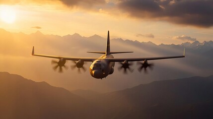 A military aircraft flying at sunset over dramatic mountain landscapes, showcasing power and engineering excellence.