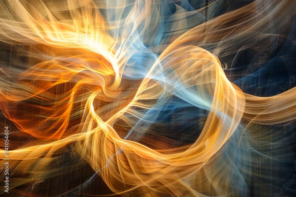 Poster abstract digital art featuring swirling orange and blue light, creating a dynamic and vibrant visual