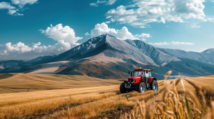 Naklejka premium A red tractor in a vast golden wheat field, with a picturesque mountain range in the background under a blue sky.