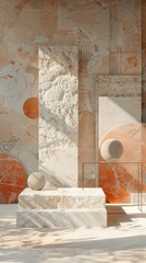 Pastel orange podium in geometric concrete interior